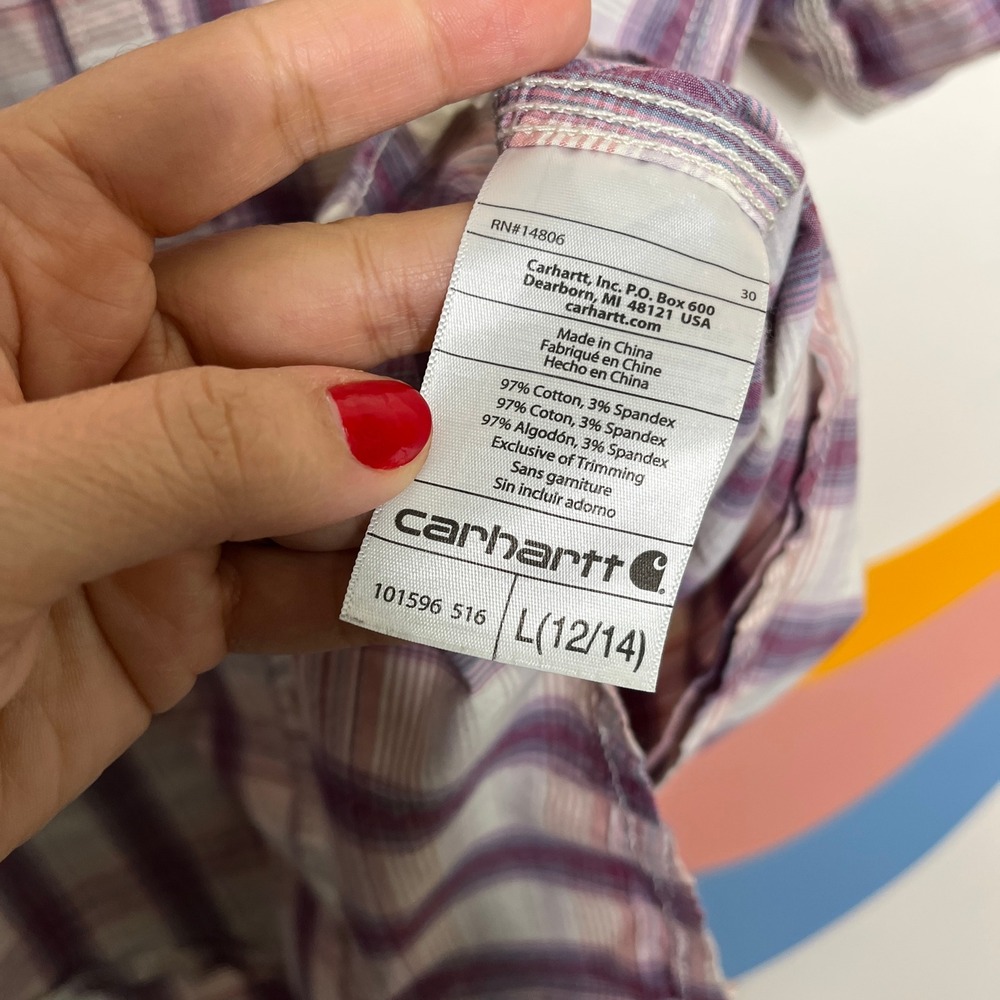 Carhartt Womens Plaid Button‎ Down Shirt Purple Pink Roll Tab Sleeve 101596 L - Picture 5 of 7